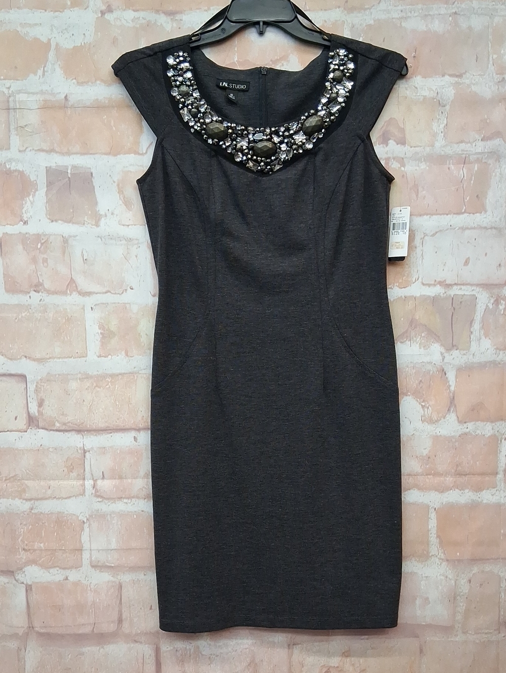 NWT I.N. Studio Gray Jewel-Embellished Sheath Dress